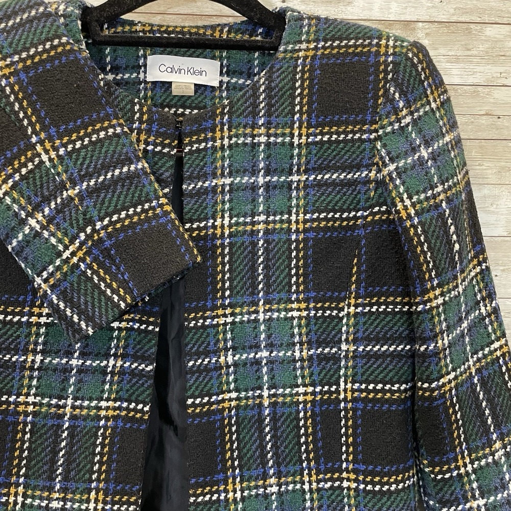 Calvin Klein‎ Womens 2 Jacket Tweed Topper Coat Green Plaid Tartan Open Front